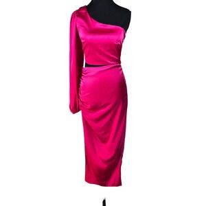 Runaway The Label Hot Pink Satin One Shoulder Cutout Ruched Midi Dress Womens XS